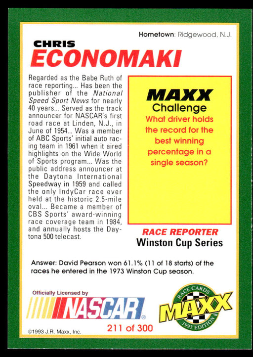 Chris Economaki 1993 Maxx Race Cards Base Back of Card