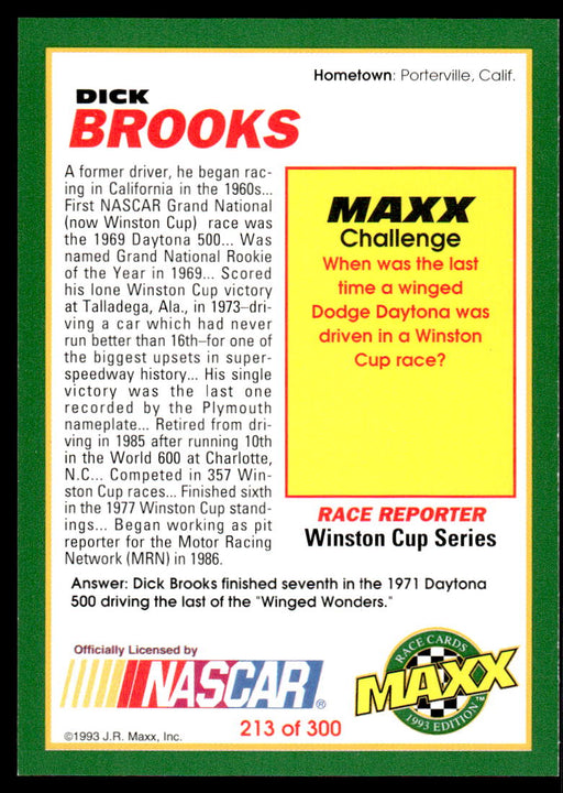 Dick Brooks 1993 Maxx Race Cards Base Back of Card