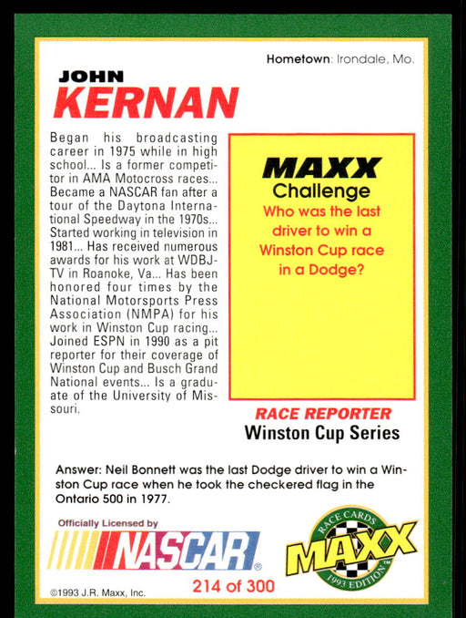 John Kernan 1993 Maxx Race Cards Base Back of Card