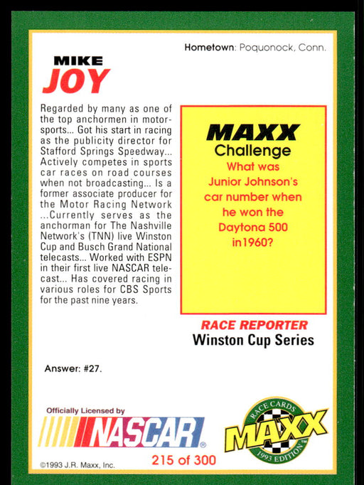 Mike Joy 1993 Maxx Race Cards Base Back of Card