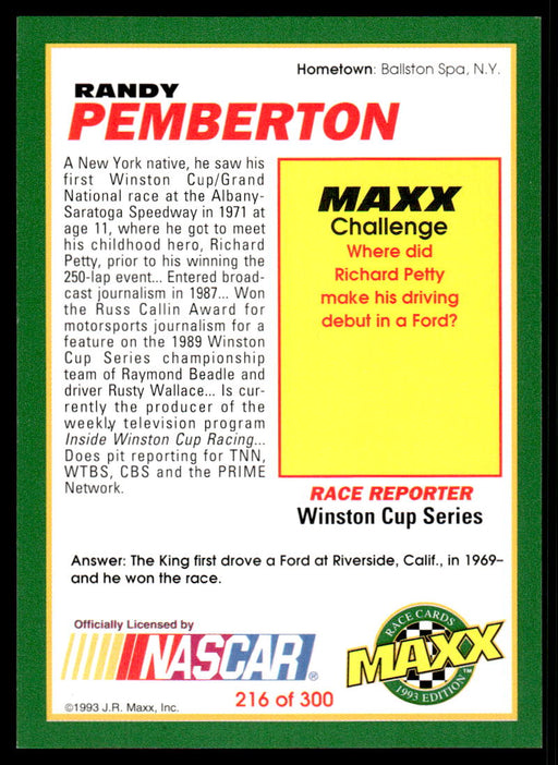 Randy Pemberton 1993 Maxx Race Cards Base Back of Card