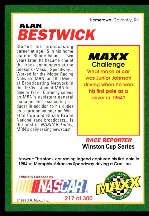 Alan Bestwick 1993 Maxx Race Cards Base Back of Card