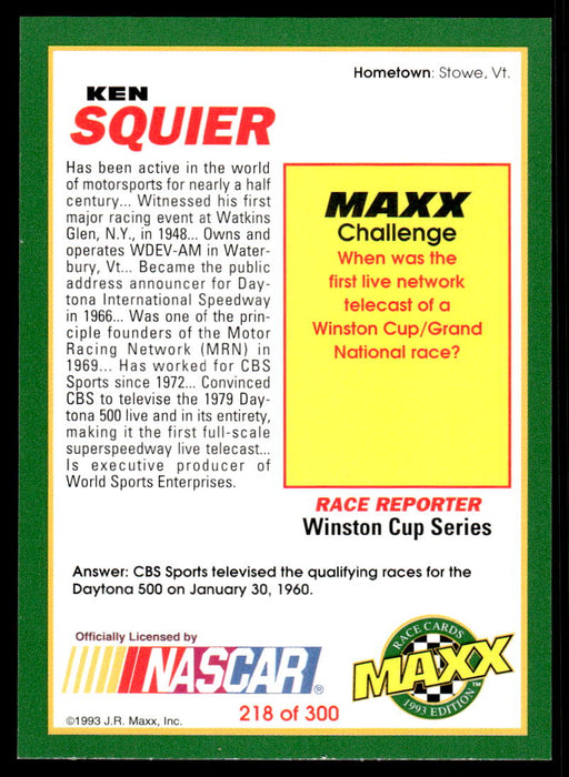 Ken Squier 1993 Maxx Race Cards Base Back of Card