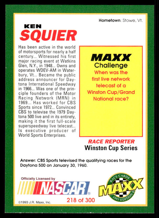 Ken Squier 1993 Maxx Race Cards Base Back of Card