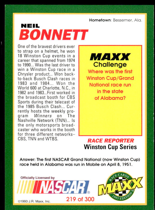 Neil Bonnett 1993 Maxx Race Cards Base Back of Card