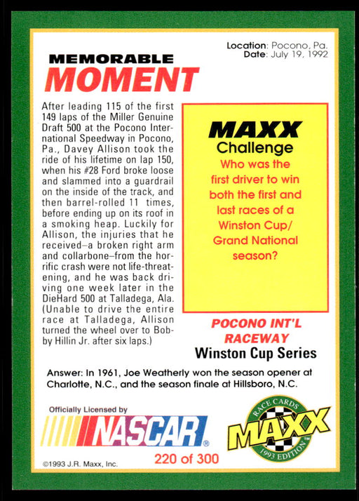 Davey Allison 1993 Maxx Race Cards Base Back of Card