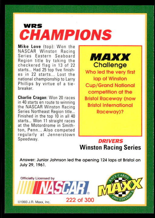 Mike Love/Charlie Cragan 1993 Maxx Race Cards Base Back of Card