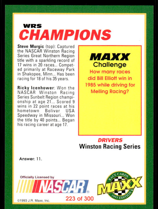 Steve Murgic/Ricky Icenhower 1993 Maxx Race Cards Base Back of Card