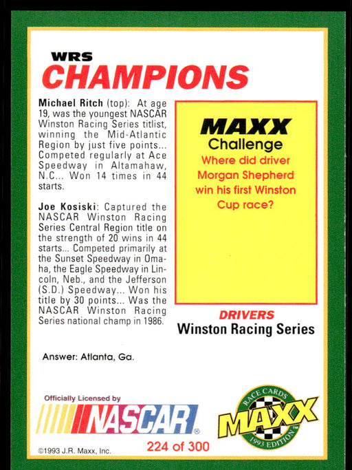 Michael Ritch/Joe Kosiski 1993 Maxx Race Cards Base Back of Card