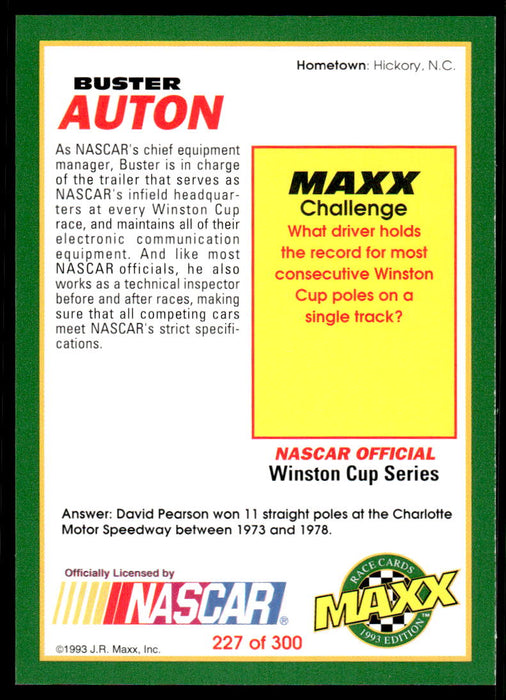 Butch Auton 1993 Maxx Race Cards Base Back of Card