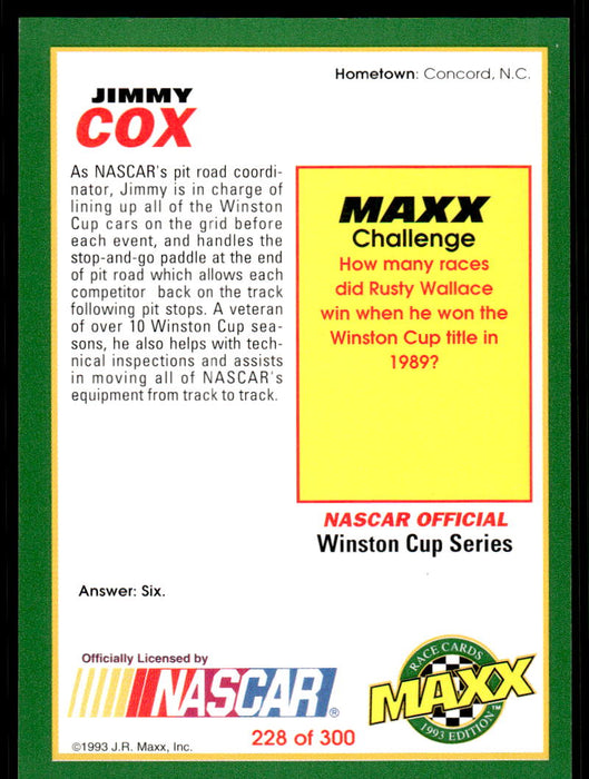 Jimmy Cox 1993 Maxx Race Cards Base Back of Card