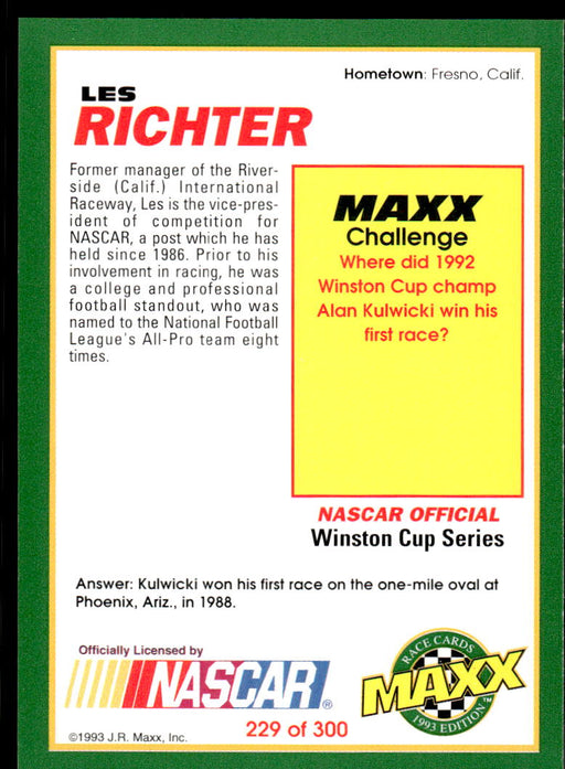 Les Richter 1993 Maxx Race Cards Base Back of Card