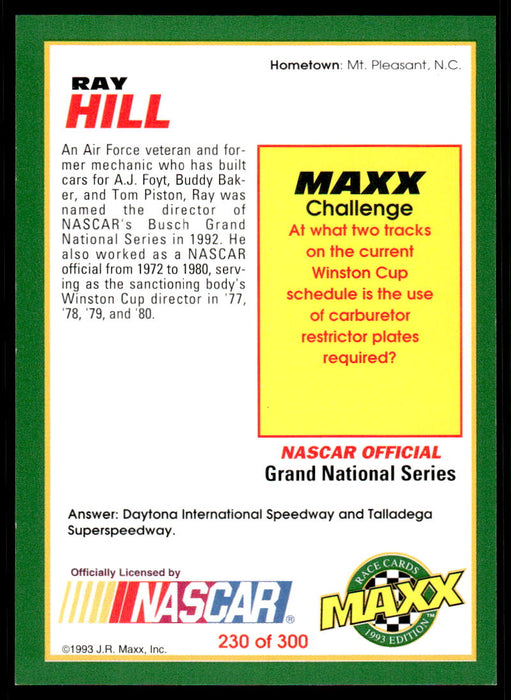 Ray Hill 1993 Maxx Race Cards Base Back of Card