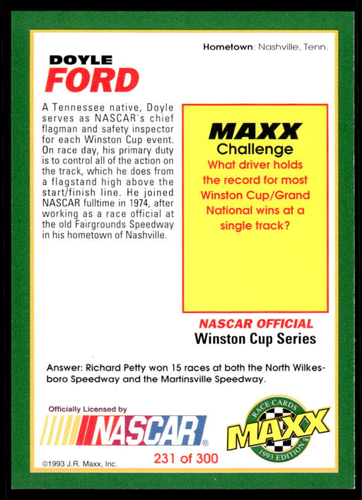 Doyle Ford 1993 Maxx Race Cards Base Back of Card