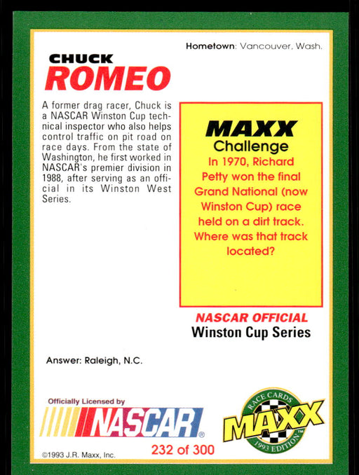 Chuck Romeo 1993 Maxx Race Cards Base Back of Card