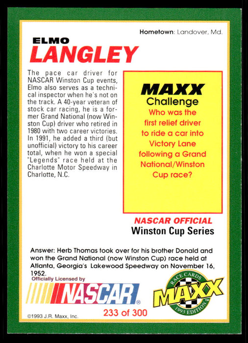 Elmo Langley 1993 Maxx Race Cards Base Back of Card