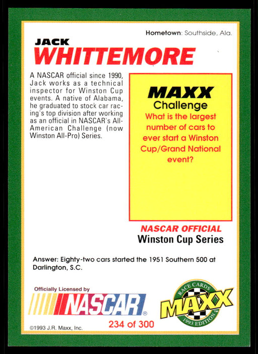 Jack Whittemore 1993 Maxx Race Cards Base Back of Card