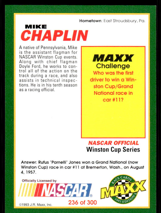 Mike Chaplin 1993 Maxx Race Cards Base Back of Card