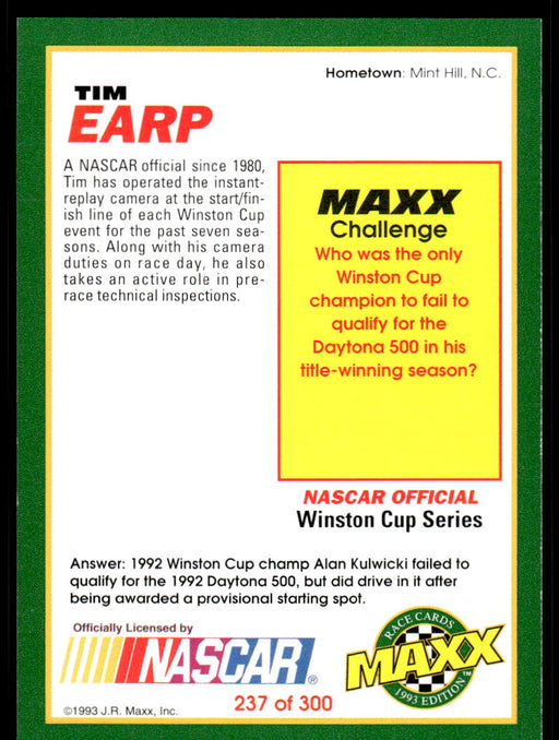 Tim Earp 1993 Maxx Race Cards Base Back of Card