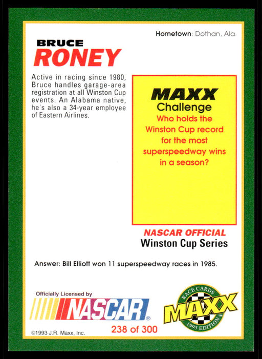Bruce Roney 1993 Maxx Race Cards Base Back of Card