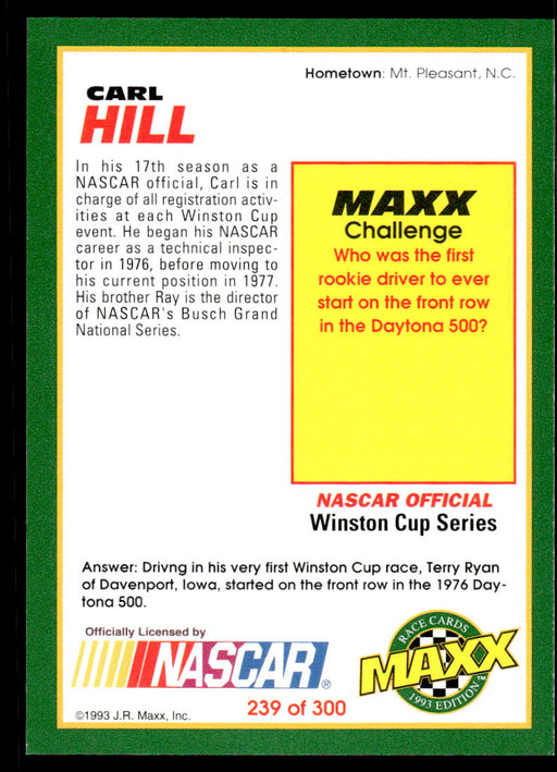 Carl Hill 1993 Maxx Race Cards Base Back of Card