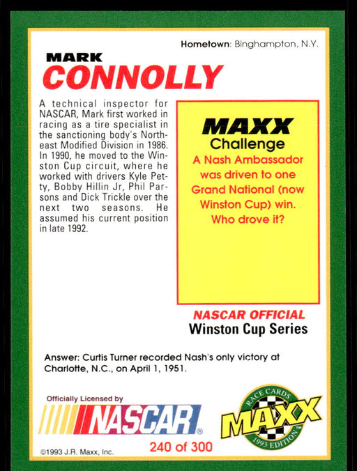 Mark Connolly 1993 Maxx Race Cards Base Back of Card