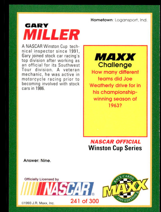 Gary Miller 1993 Maxx Race Cards Base Back of Card