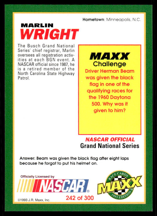 Marlin Wright 1993 Maxx Race Cards Base Back of Card