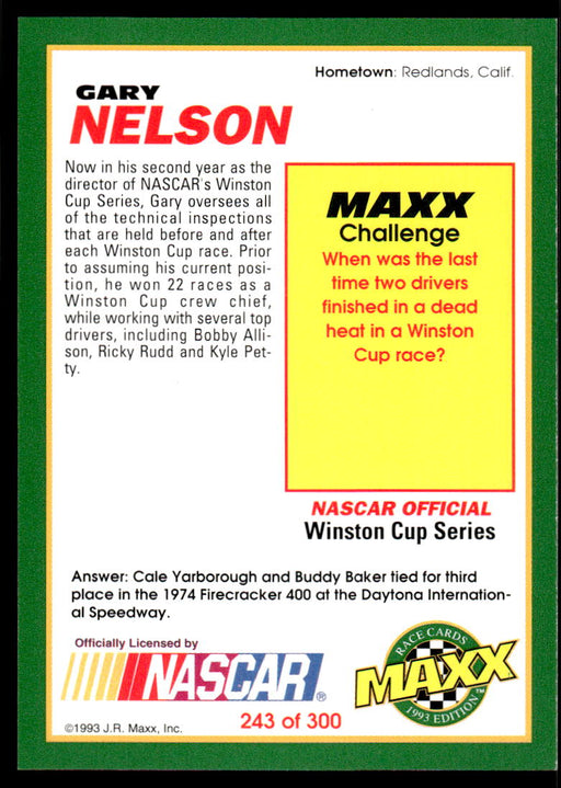 Gary Nelson 1993 Maxx Race Cards Base Back of Card