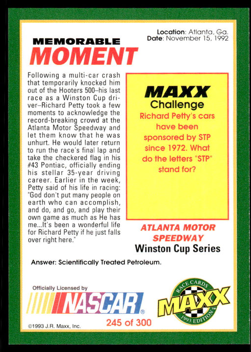 Richard Petty 1993 Maxx Race Cards Base Back of Card