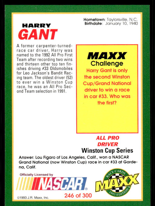 Harry Gant 1993 Maxx Race Cards Base Back of Card