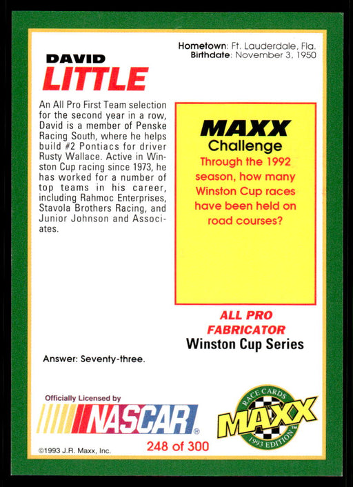 David Little 1993 Maxx Race Cards Base Back of Card