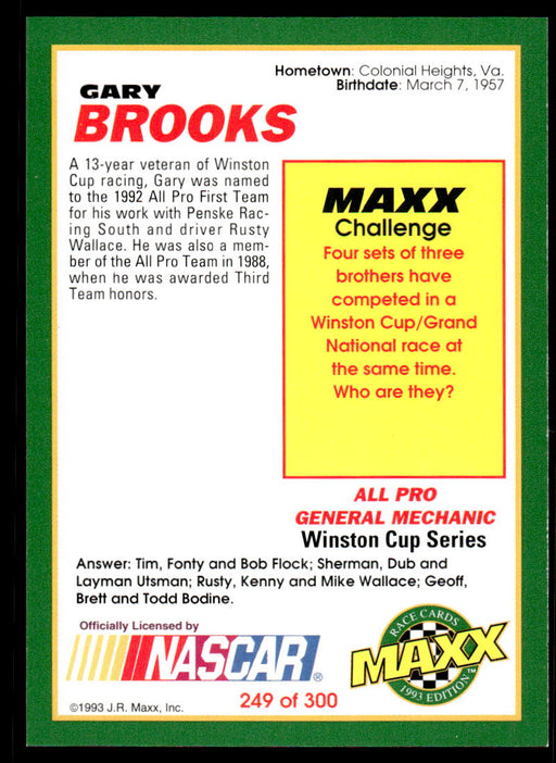 Gary Brooks 1993 Maxx Race Cards Base Back of Card