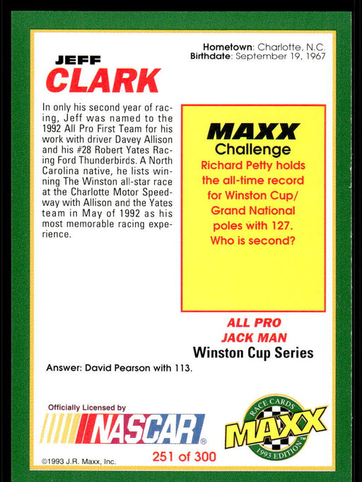 Jeff Clark 1993 Maxx Race Cards Base Back of Card