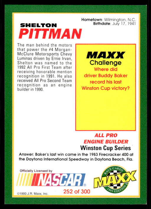 Shelton Pittman 1993 Maxx Race Cards Base Back of Card