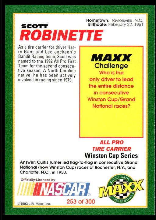 Scott Robinette 1993 Maxx Race Cards Base Back of Card