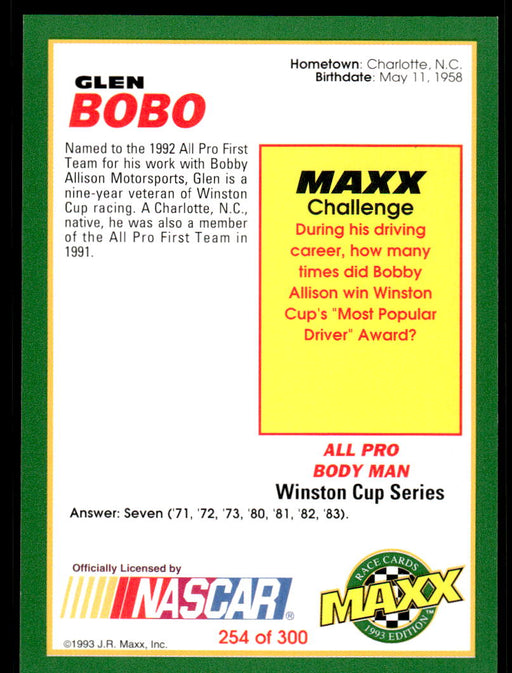 Glen Bobo 1993 Maxx Race Cards Base Back of Card