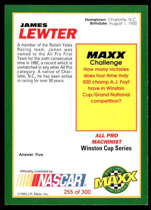 Jame Lewter 1993 Maxx Race Cards Base Back of Card