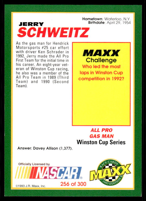 Jerry Schweitz 1993 Maxx Race Cards Base Back of Card