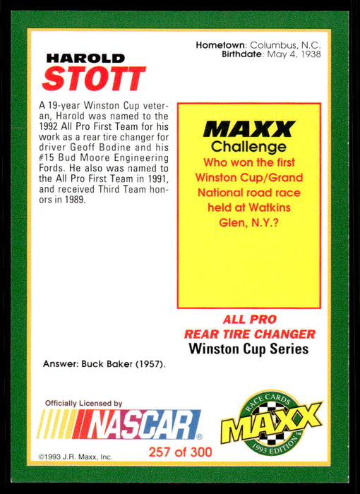 Harold Stott 1993 Maxx Race Cards Base Back of Card