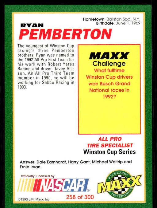 Ryan Pemberton 1993 Maxx Race Cards Base Back of Card