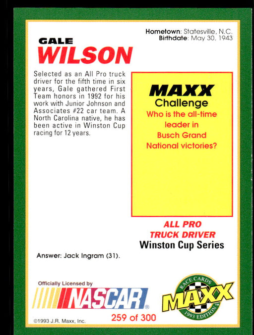 Gale Wilson 1993 Maxx Race Cards Base Back of Card