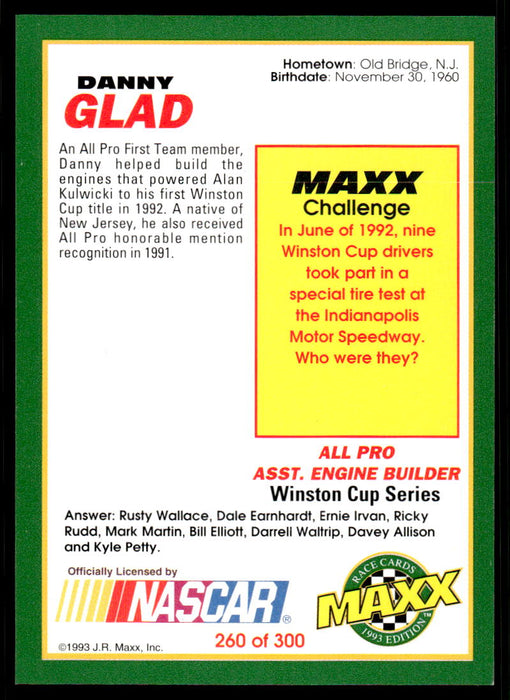 Danny Glad 1993 Maxx Race Cards Base Back of Card