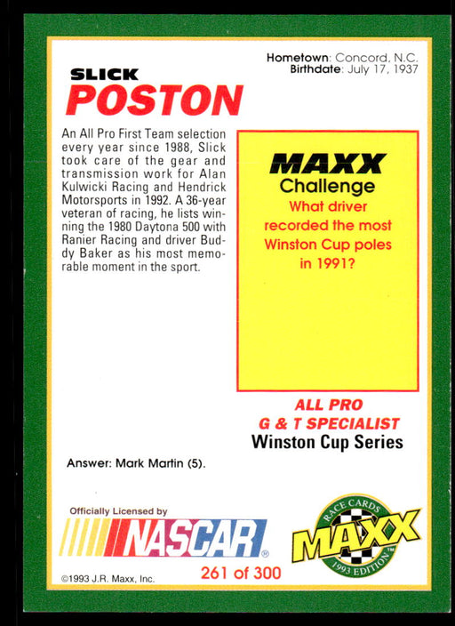 Slick Poston 1993 Maxx Race Cards Base Back of Card