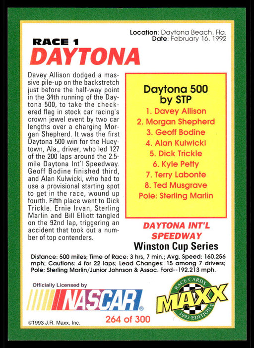 Davey Allison 1993 Maxx Race Cards Base Back of Card