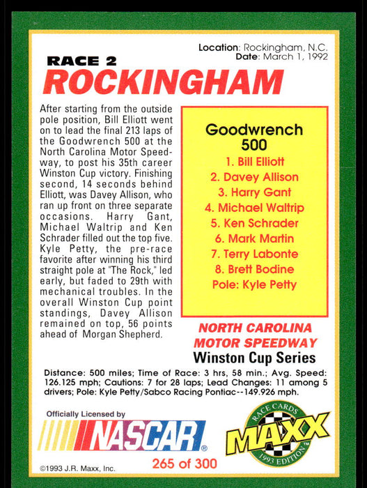 Bill Elliott 1993 Maxx Race Cards Base Back of Card