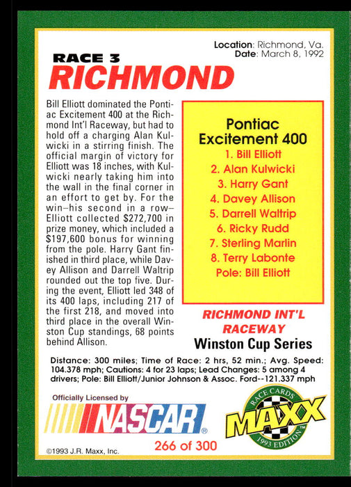 Bill Elliott 1993 Maxx Race Cards Base Back of Card