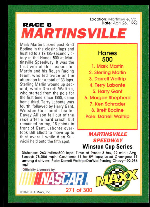 Mark Martin 1993 Maxx Race Cards Base Back of Card