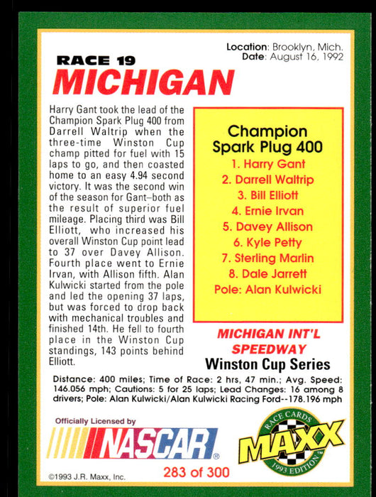 Harry Gant 1993 Maxx Race Cards Base Back of Card