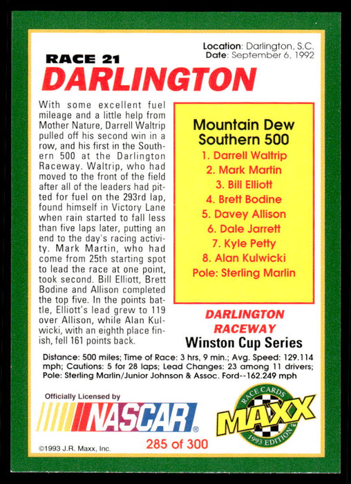 Darrell Waltrip 1993 Maxx Race Cards Base Back of Card